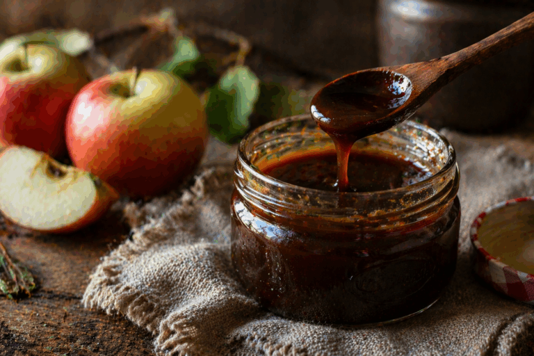 zelfgemaakte appelstroop in pot met lepel en verse appels