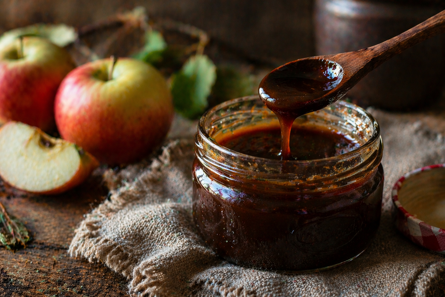 zelfgemaakte appelstroop in pot met lepel en verse appels