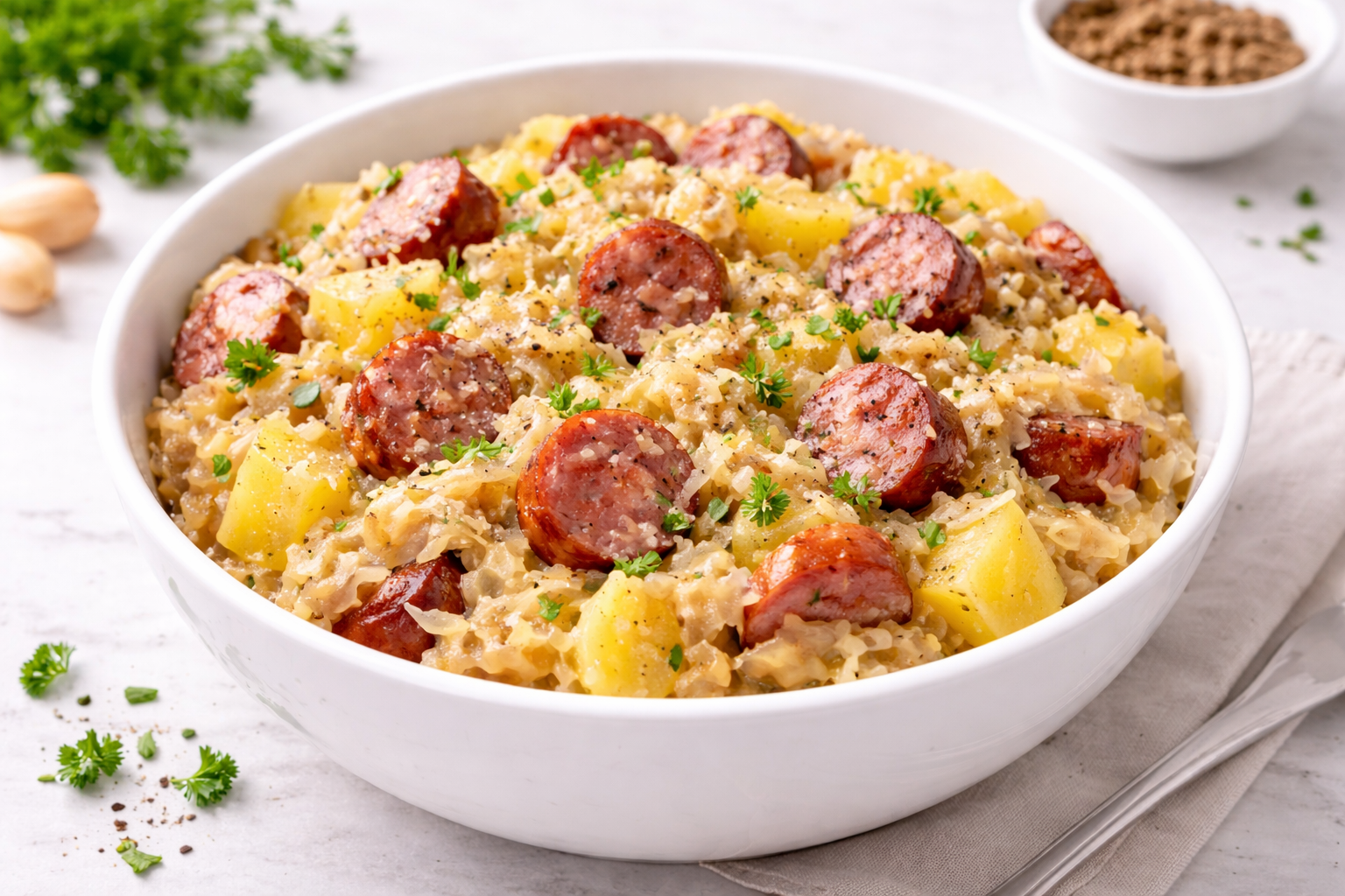 zuurkool met worst en aardappelen uit de slowcooker in kom