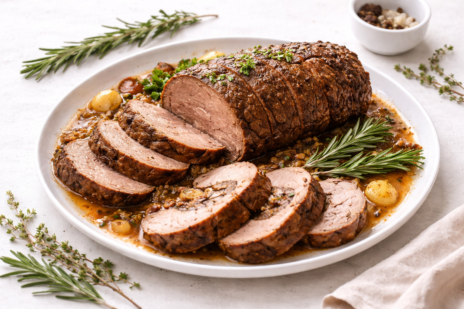 runderrollade uit de slowcooker geserveerd in plakjes met jus en kruiden