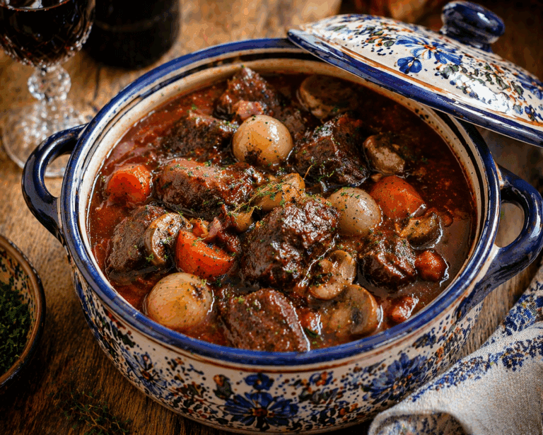 boeuf bourguignon uit de slowcooker met rundvlees, wortel en ui