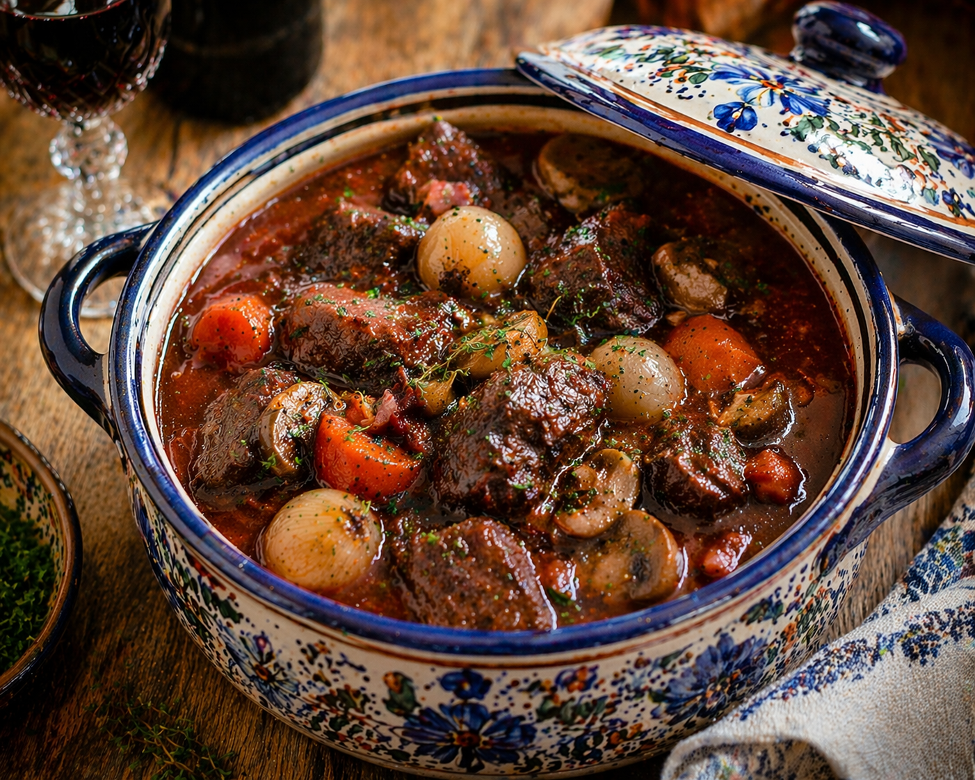 boeuf bourguignon uit de slowcooker met rundvlees, wortel en ui