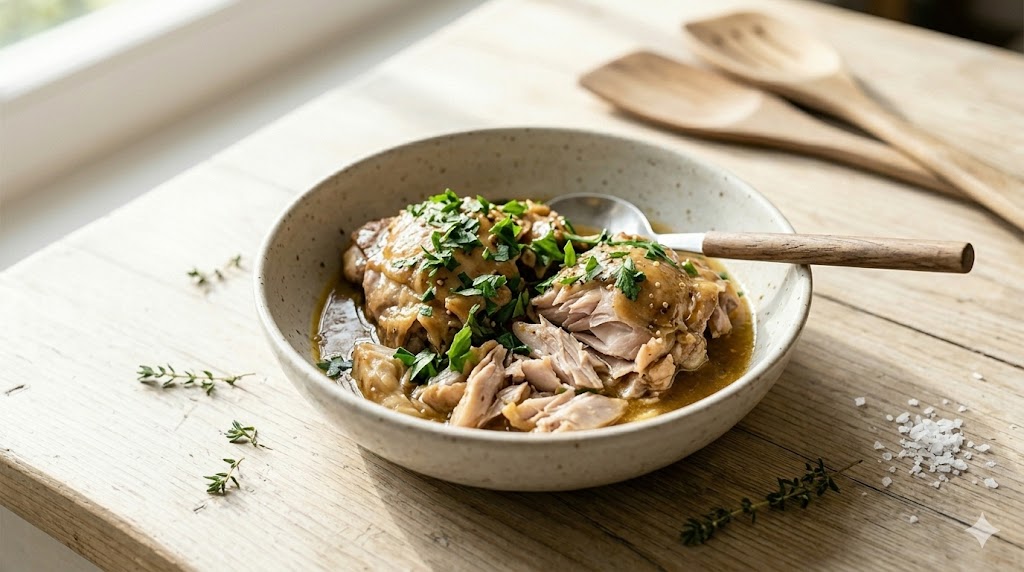 Sappige, uit elkaar getrokken kipdijfilet in honing-mosterd saus.