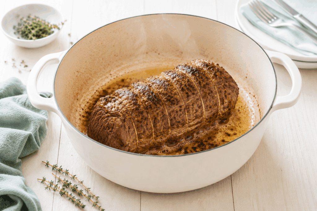 rollade aanbraden in pan voor slowcooker met kruiden en boter