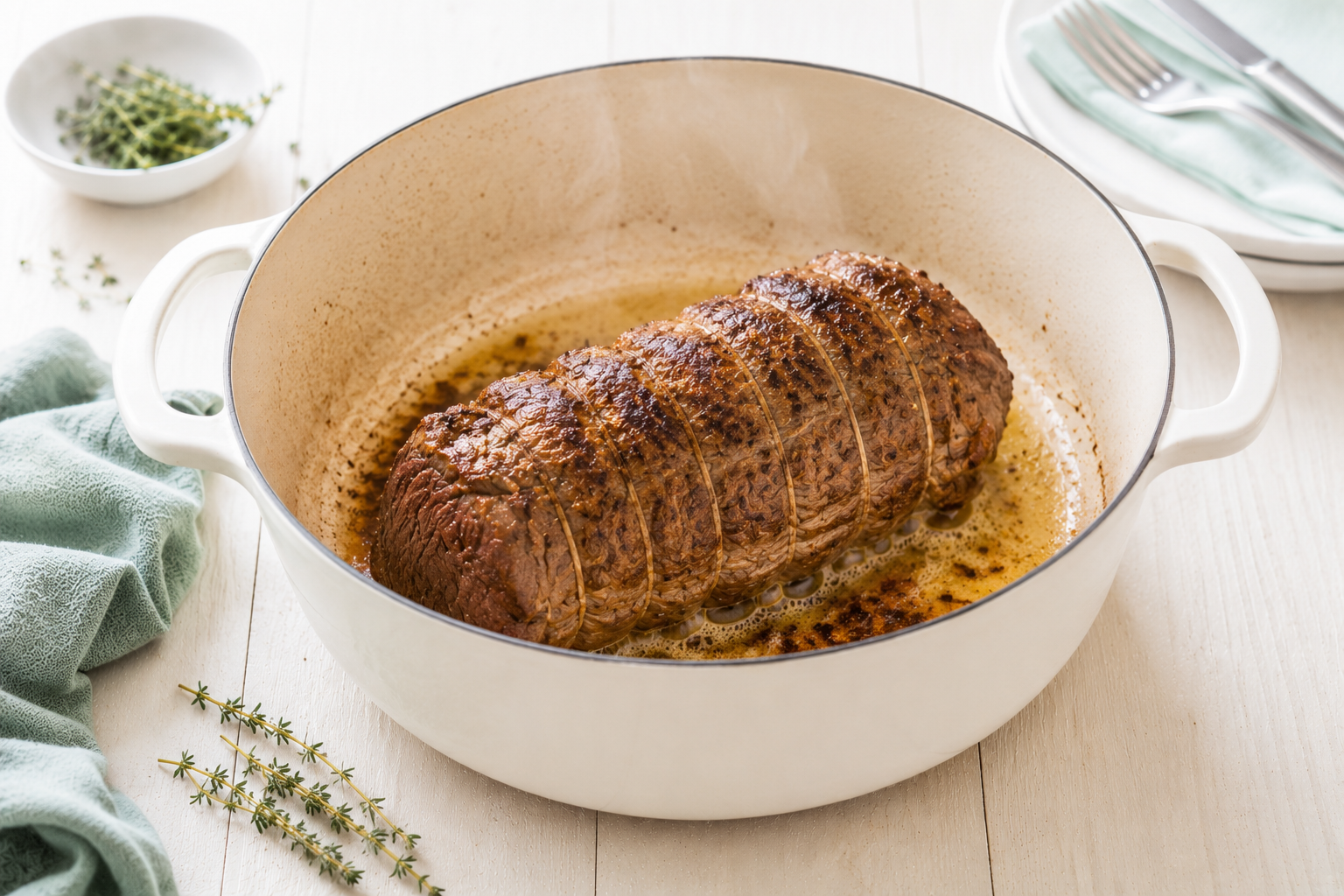 rollade aanbraden in pan voor slowcooker met kruiden en boter