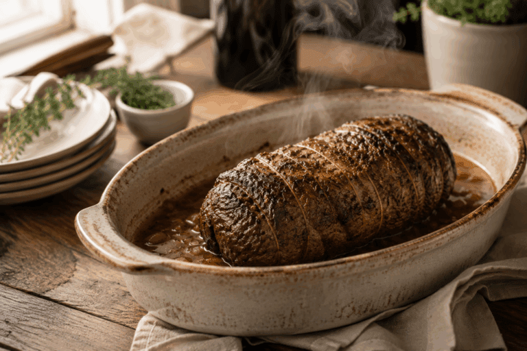runderrollade gemaakt in de slowcooker in een rustieke schaal.
