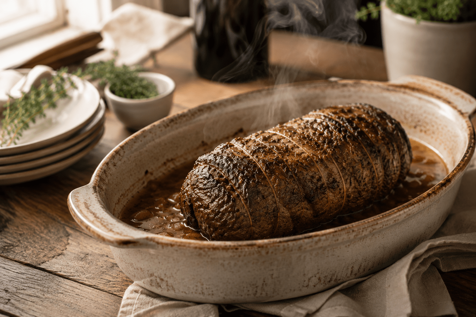 runderrollade gemaakt in de slowcooker in een rustieke schaal.