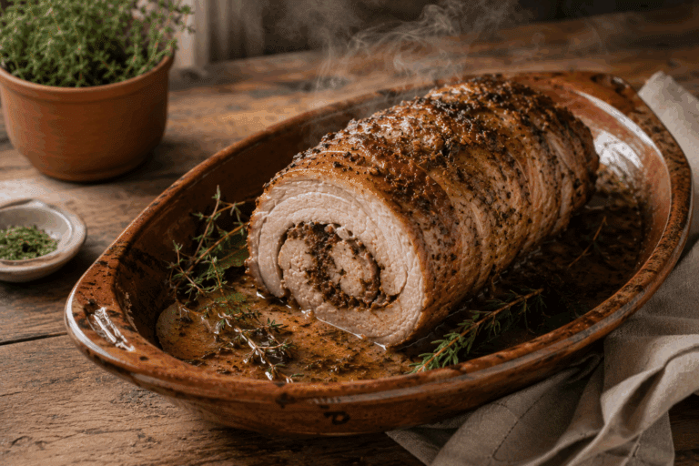 varkensrollade uit slowcooker in keramieke schaal met kruiden
