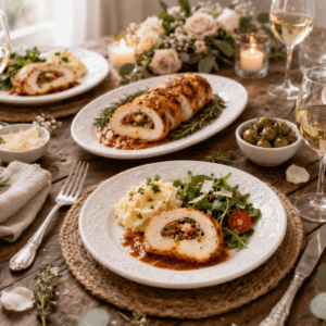 slowcooker kiprollade geserveerd met aardappelpuree en salade op tafel