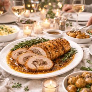 slowcooker varkensrollade geserveerd met aardappelen en salade op gedekte tafel
