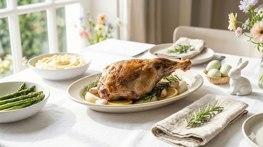 Feestelijke foto van malse lamsbout uit de slowcooker op een gedekte paastafel.