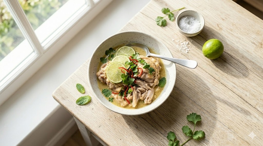 Kokos Limoen Kipcurry in een witte schaal met verse koriander en limoen.