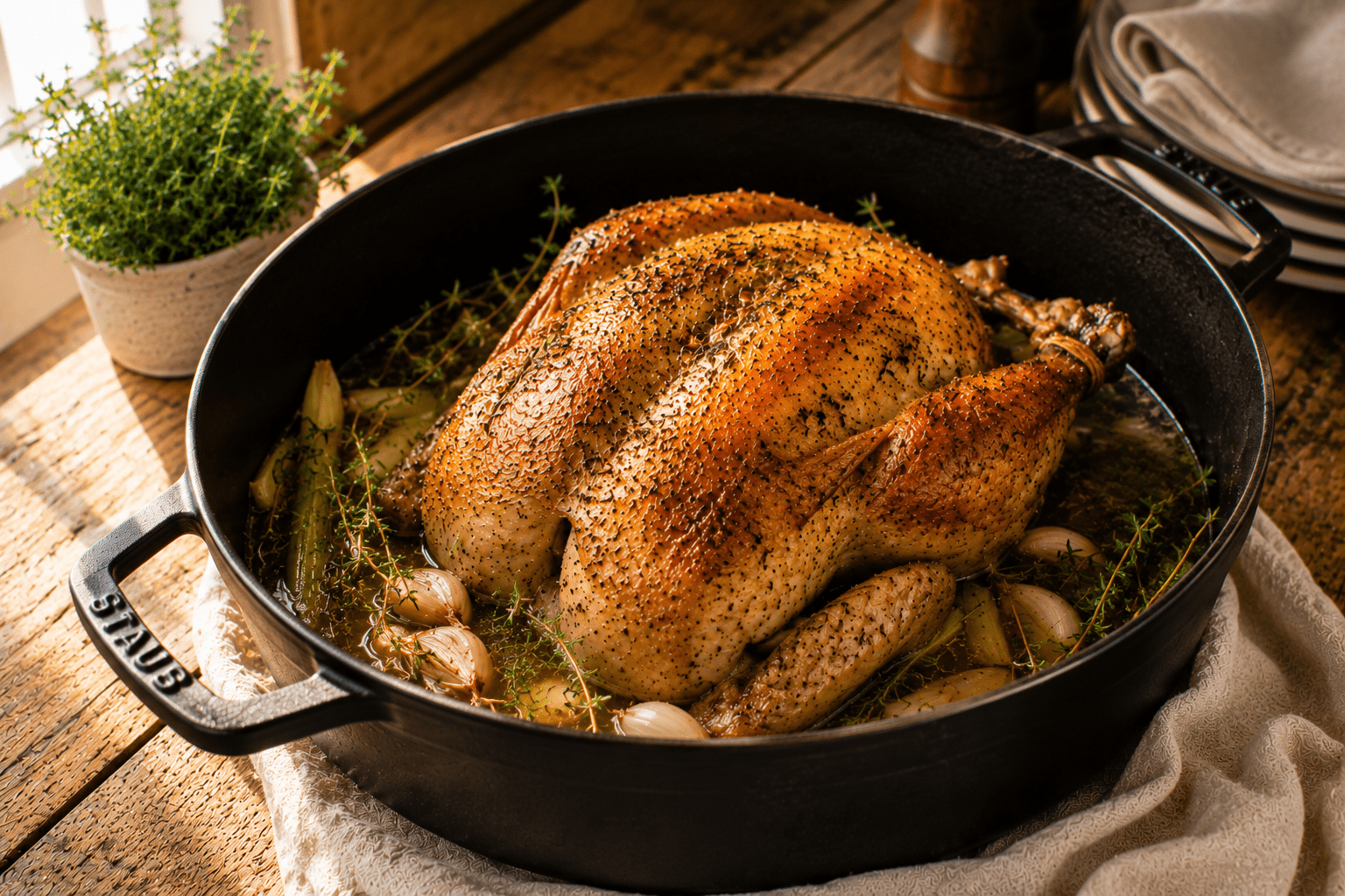 kip in gietijzeren pan en bouillon