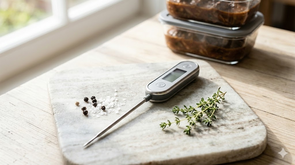 Digitale kerntemperatuurmeter voor slowcooker op een lichte marmeren plank.