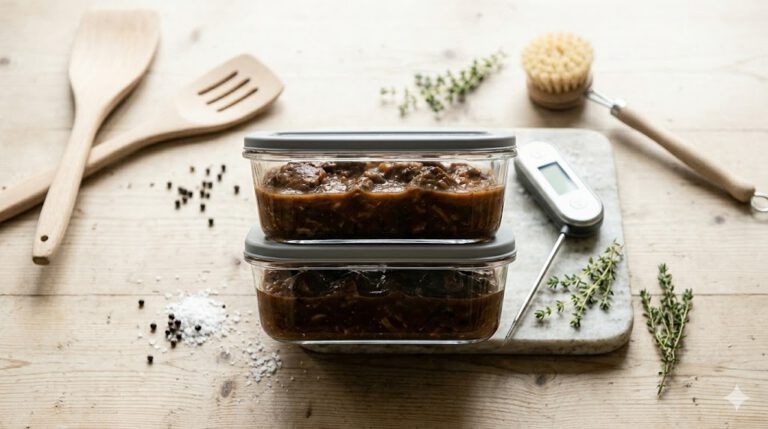 Stapel glazen bewaarbakjes met stoofvlees op een licht houten aanrecht.