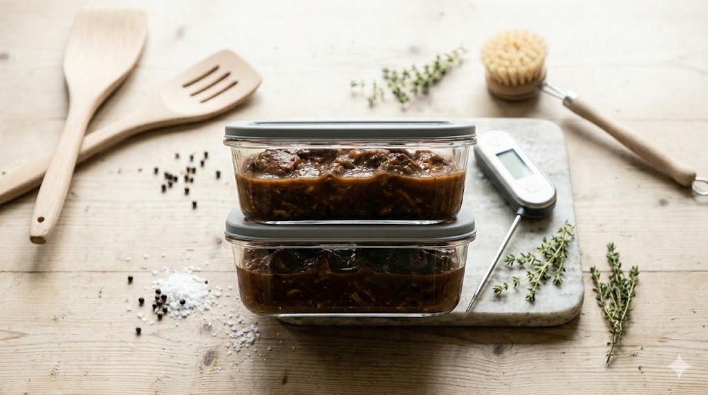 Stapel glazen bewaarbakjes met stoofvlees op een licht houten aanrecht.