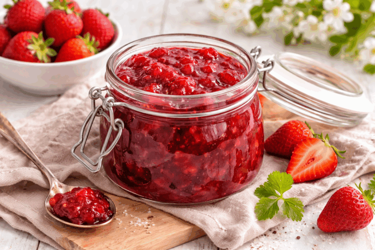 aardbeiencompote uit de slowcooker in een glazen pot met verse aardbeien