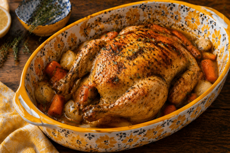 hele kip uit de slowcooker met aardappelen en wortels