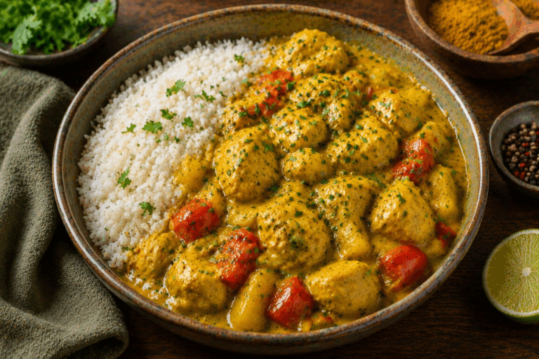 kip kerrie uit de slowcooker met rijst en groenten
