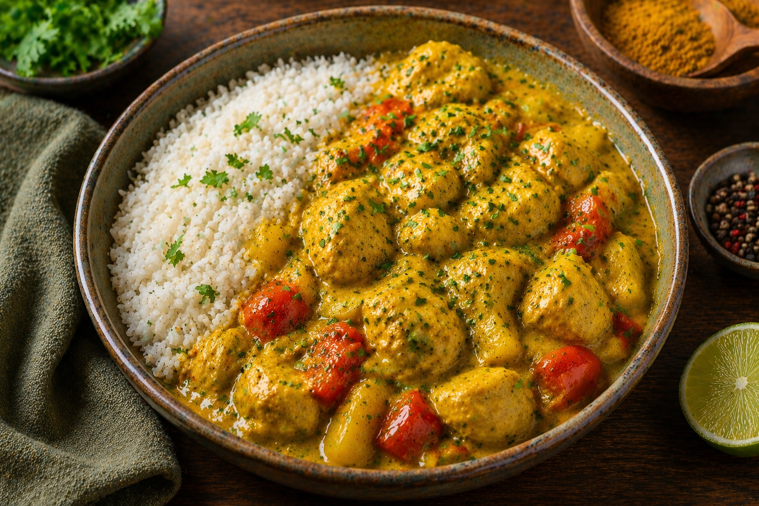 kip kerrie uit de slowcooker met rijst en groenten