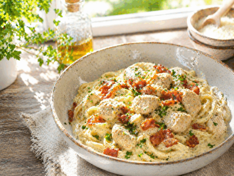 romige kip in roomsaus uit de slowcooker met pasta en spekjes