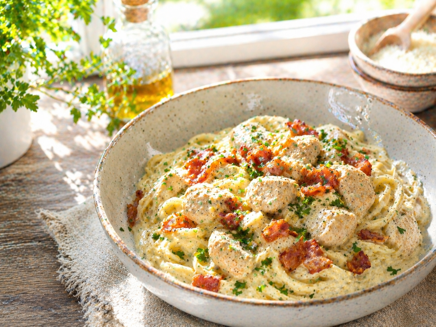 romige kip in roomsaus uit de slowcooker met pasta en spekjes