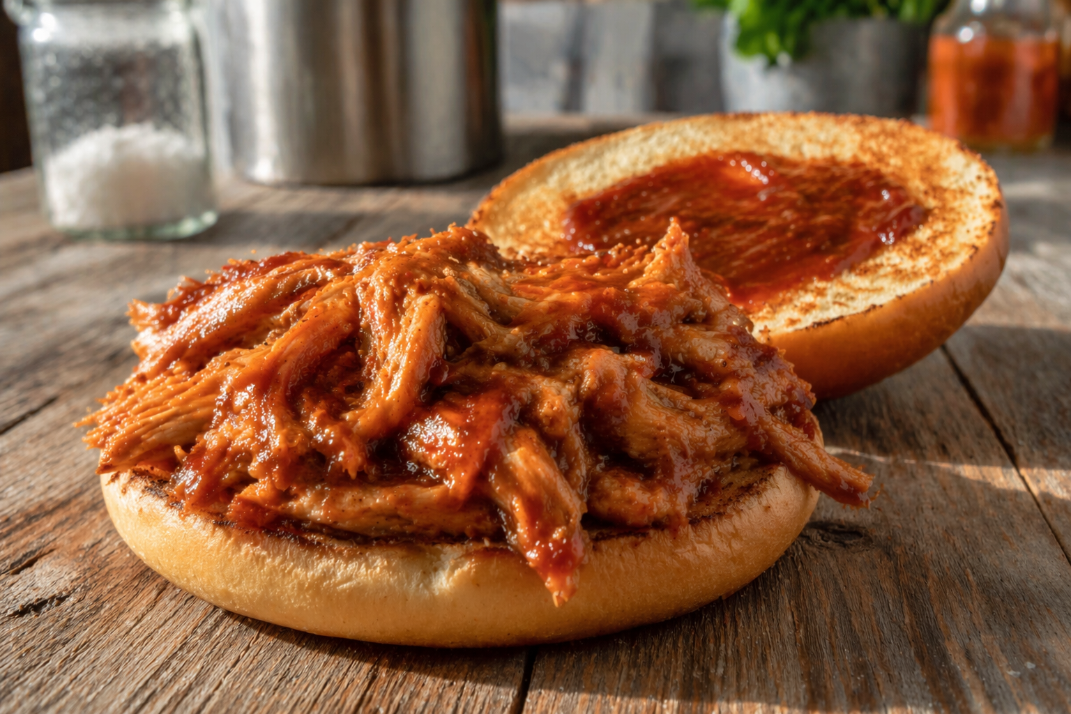pulled bbq kip uit de slowcooker op een broodje met saus
