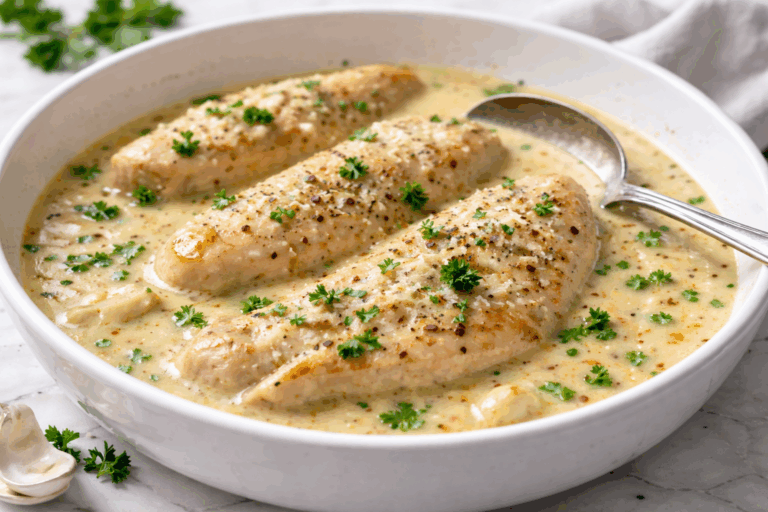 kip uit de slowcooker in romige knoflooksaus met kruiden