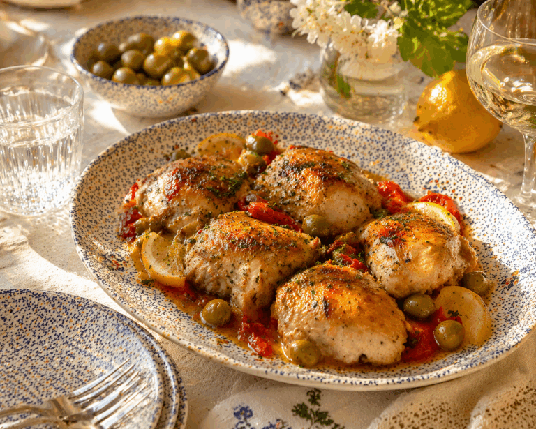 kipdijfilet uit de slowcooker met olijven, tomaat en citroen