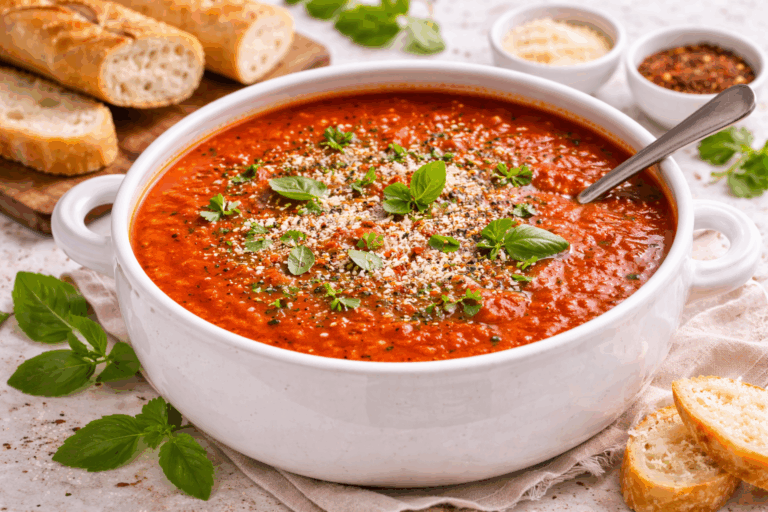 tomatensoep met kaas en basilicum uit de slowcooker in een kom