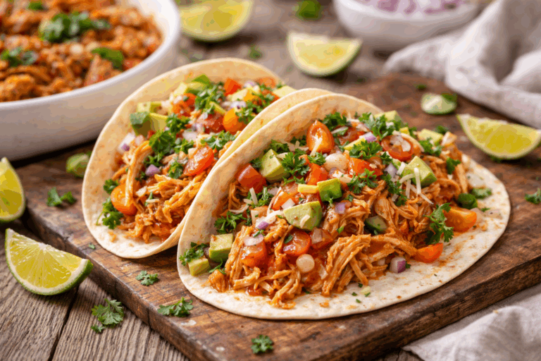 pulled chicken uit de slowcooker in tacos met avocado, tomaat en koriander