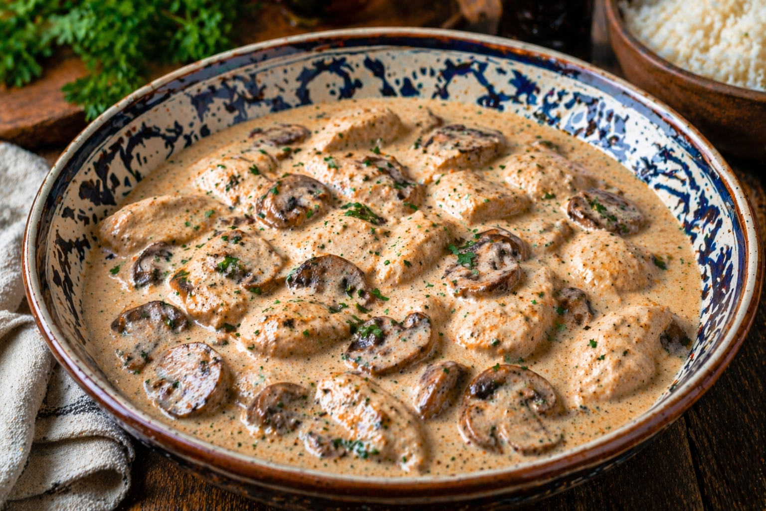 kip champignon roomsaus uit de slowcooker met romige saus en champignons in schaal