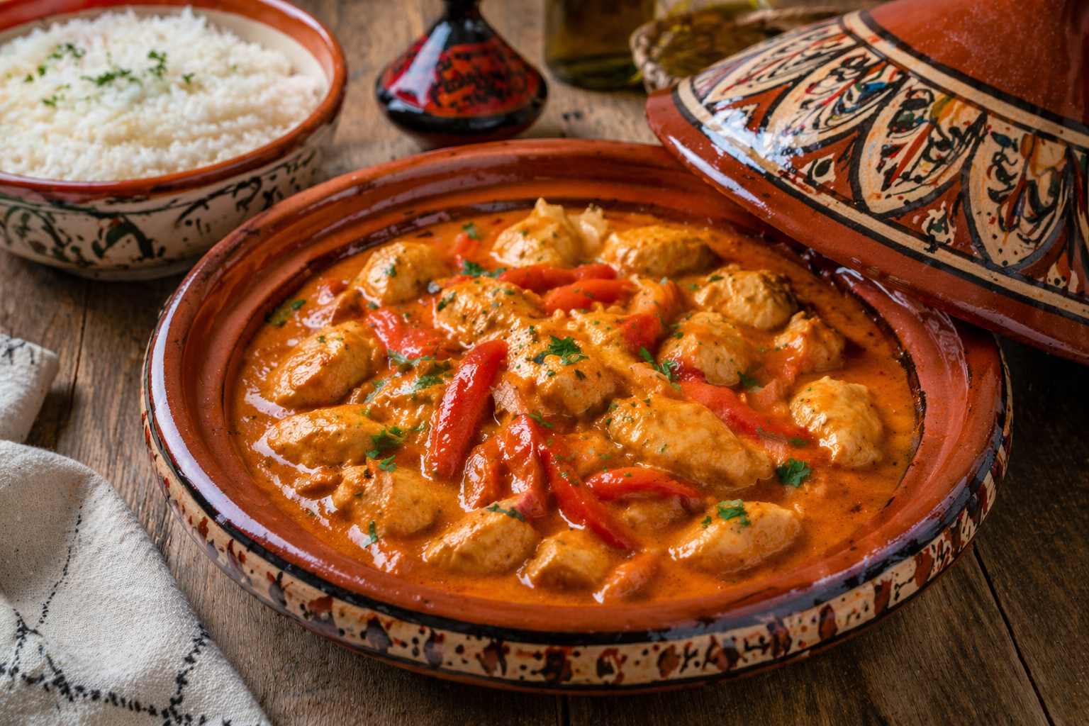kip paprika uit de slowcooker met romige paprikasaus geserveerd in marokkaanse schaal